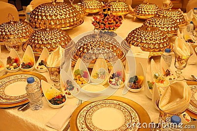 Royal elegance wedding reception table with different cookery food arrangement . Stock Photo