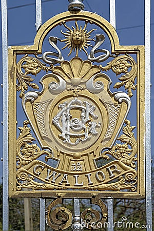 Royal emblem on gate in Scindia museum of Jaivilas palace at Gwalior Editorial Stock Photo