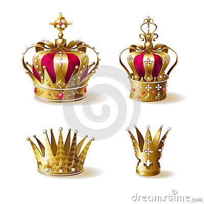 Royal family golden crowns realistic vector set Vector Illustration