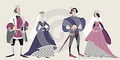 The royal family. Middle ages. Funny cartoon characters in historical costumes Vector Illustration