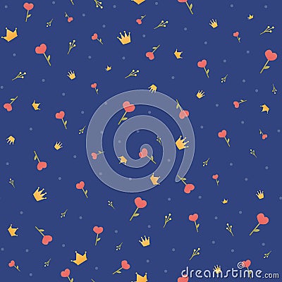Royal family pattern on dark blue background with crowns and love flowers, fairy tale seamless ornament Vector Illustration