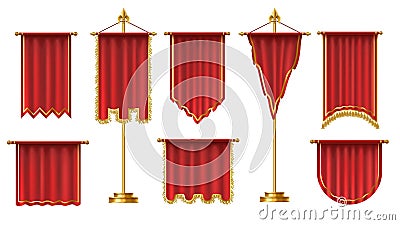 Royal flags. Red textile pennant on golden stand and hanging regal medieval vertical flag banner vector set Vector Illustration