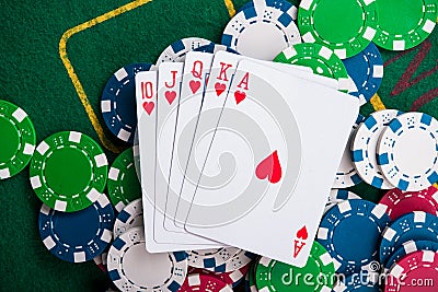 royal flash on cards and poker chips Stock Photo
