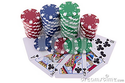 Royal Flush of clubs with poker chips Stock Photo