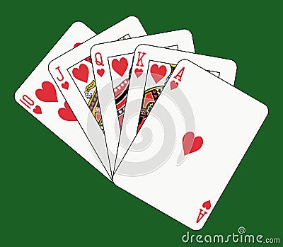 Royal flush heart on green Vector Illustration