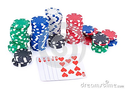 Royal Flush of hearts and stacks of chips isolated on white background with shadow reflection, clipping, vector path. Stock Photo