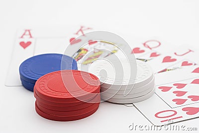 Royal Flush with pile of poker chips Stock Photo