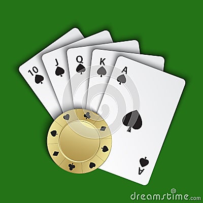 A royal flush of spades with gold poker chip on green background, winning hands of poker cards, casino playing cards Vector Illustration