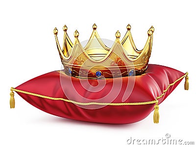Royal gold crown on red pillow on white Stock Photo