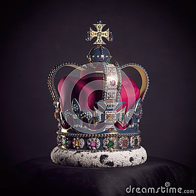 Royal golden crown with jewels on pillow on black background. Symbols of UK United Kingdom monarchy Cartoon Illustration