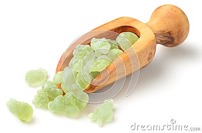 Royal Green Hojari Frankincense in the wooden spoon, isolated on white Stock Photo