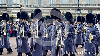 London / England - 02.07.2017: Royal Guard Music parade marching at the Buckingham Palace. Trumpet players squad. Editorial Stock Photo
