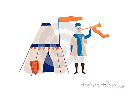 Royal herald with trumpet flat vector illustration. Medieval cartoon character. Historical messenger near tent isolated Vector Illustration