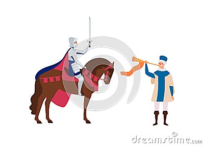 Royal herald with trumpet and knight on horse flat vector illustration. Medieval cartoon characters. Cavalier and old Vector Illustration