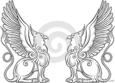 Gryphon mythical creature power and strength symbol eagle head lion body bird wings heraldic emblem Vector Illustration