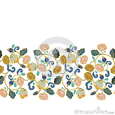 Royal intarsia style floral border. Vector Illustration