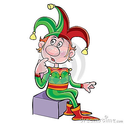 Royal jester in funny clothes and a cap with bells sits on a step, cartoon illustration, isolated object on a white background, Vector Illustration