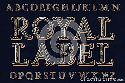 Royal label font. Isolated english alphabet Vector Illustration
