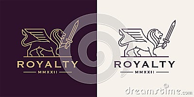 Royal lion wing sword logo line icon Vector Illustration