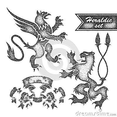 Royal lions silhouettes set for heraldic design. Vector Illustration