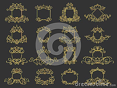 Royal monogram frame. Hand drawn crown emblem, vintage doodle sketch sign and elegant monograms isolated vector set Vector Illustration