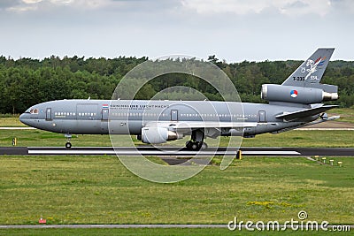Royal Netherlands Air Force KDC-10 tanker aircraft from 334 squadron taking off from it's homebase at Eindhoven Air Base. The Editorial Stock Photo