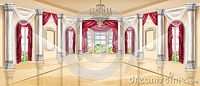 Royal palace ballroom interior background, medieval castle hall, marble pillar, chandelier, window arch. Vector Illustration