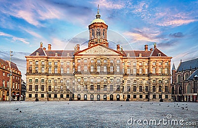 Royal Palace at the Dam Square in Amsterdam, Netherlands. No people in Dam Square in Amsterdam, Netherlands Stock Photo