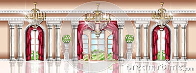 Royal palace interior background, vector museum hall illustration, magic luxury ballroom, arch window. Vector Illustration