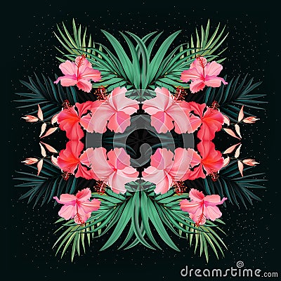 Royal palm hand drawn tropical jungle, realistic vector island rectangle pattern with pink hibiscus flowers and exotic palm Vector Illustration