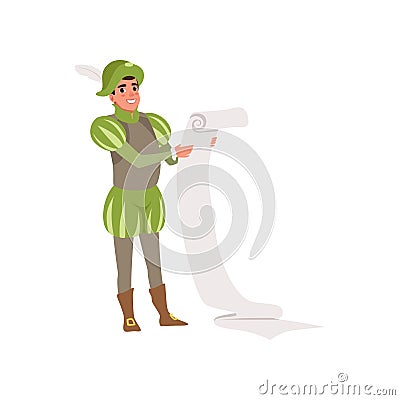 Royal scribe European medieval character holding a scroll vector Illustration on a white background Vector Illustration