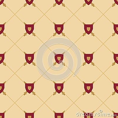 Royal seamless pattern with red shields, swords and lines on the gold background Vector Illustration