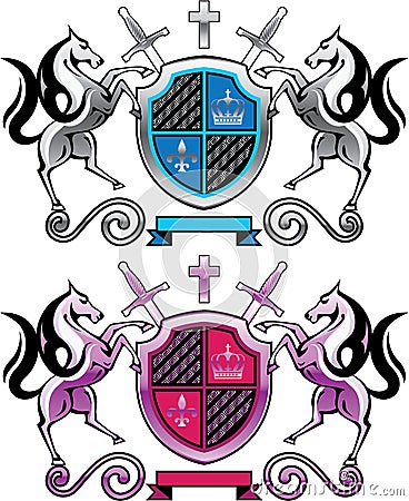 Royal Shield with Horses and Swords Silver Purple Metallic Vectors Vector Illustration