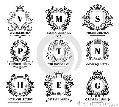 Royal shields badges. Vintage ornament luxury logo frame, retro ornamental shield sign and decorative ornaments badge Vector Illustration