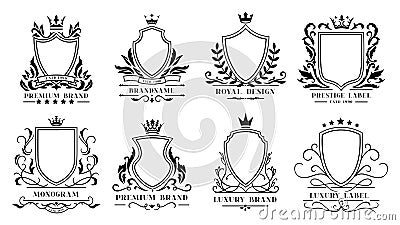 Royal shields badges. Vintage ornamental frames, decorative royal swirl heraldic borders and luxury filigree wedding Vector Illustration