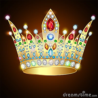 Royal shiny gold crown with precious stones and Vector Illustration