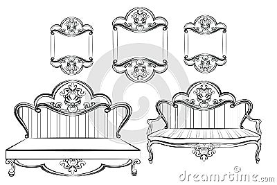 Royal Sofa and Frames set in Baroque Rococo style Vector Illustration