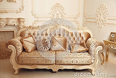 Royal sofa with pillows in beige luxurious interior with ornament frame wall Stock Photo