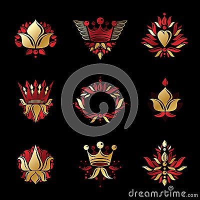 Royal symbols, Flowers, floral and crowns, emblems set. Heraldic Stock Photo