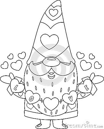 Outlined Cute Valentine Gnome Cartoon Character Holding Hearts With Text Love Vector Illustration