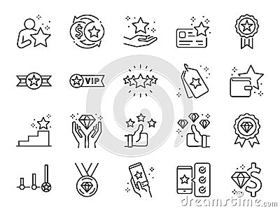 Royalty program line icon set. Included icons as member, VIP, exclusive, diamond, badge, high level and more. Vector Illustration