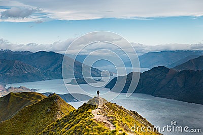 Roys peak mountain hike in Wanaka New Zealand. Popular tourism travel destination. Concept for hiking travel and adventure. New Ze Stock Photo