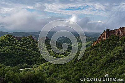 Rozhen pyramids -a unique pyramid shaped mountains cliffs in Bulgaria Stock Photo