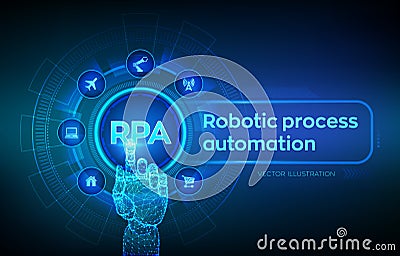 RPA Robotic process automation innovation technology concept on virtual screen. Robotic hand touching digital interface. AI. Cartoon Illustration