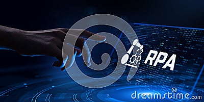 RPA Robotic process automation technology innovation concept. Hand pressing button on screen Stock Photo
