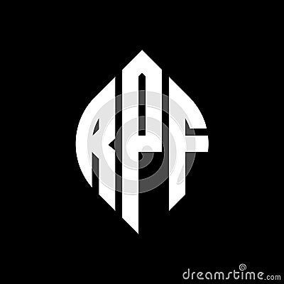 RPF circle letter logo design with circle and ellipse shape. RPF ellipse letters with typographic style. The three initials form a Vector Illustration