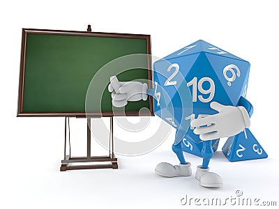 RPG dice character with blank blackboard Cartoon Illustration