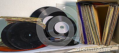 45 and 33 rpm vinyl discs stack Stock Photo