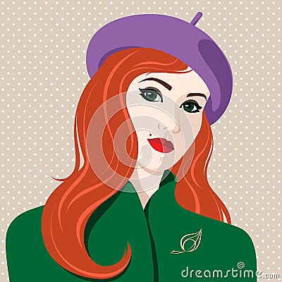 Rredhead woman wearing green coat and beret Vector Illustration