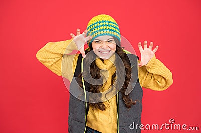 Rrrrr I will catch you. Crazy cutie red background. Crazy child roar with frightening gesture. Little girl with crazy Stock Photo